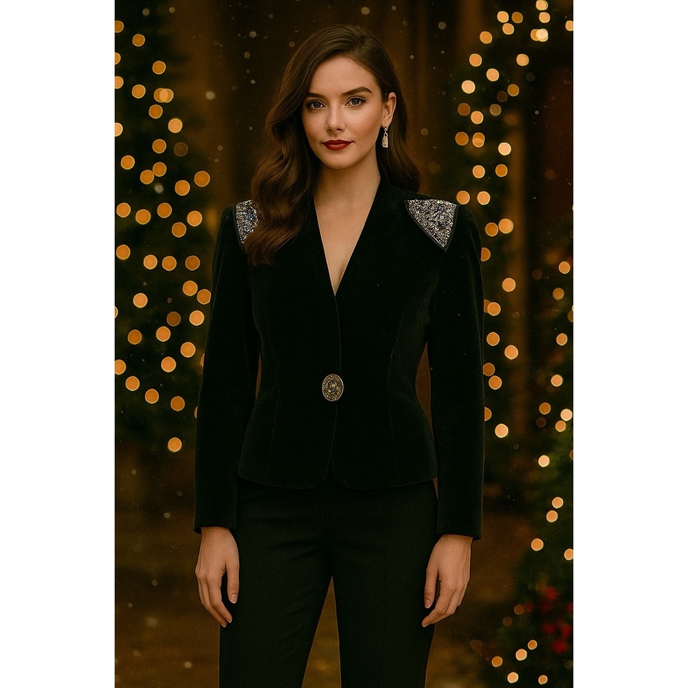 Vintage Sasson 80s Black velvet Jacket with Silver sequin Accents
